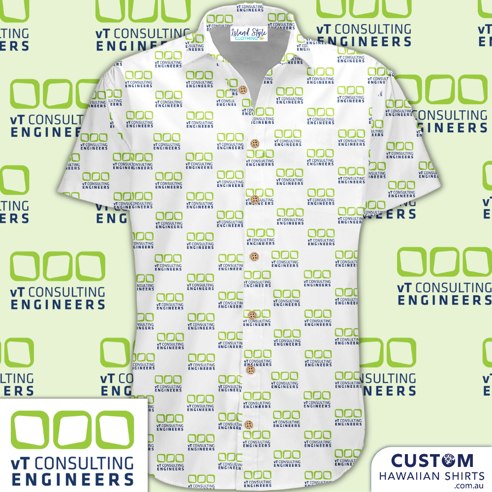 VT Consulting Engineers personalised Hawaiian shirts for uniforms. Personalised with their logo making a unique and eye catching print.  100% soft rayon Chest pocket Embossed coconut buttons