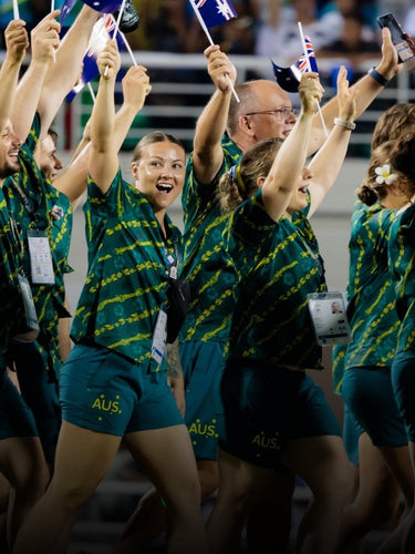 Custom Hawaiian Shirts Australia Corporate Uniforms Aussie Olympics Committee Sports Team Green Gold Mobile