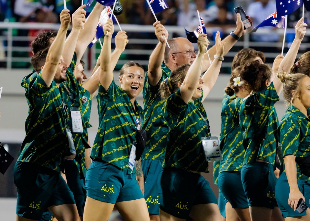 Custom Hawaiian Shirts Australia Corporate Uniforms Aussie Olympics Committee Sports Team Green Gold Mobile