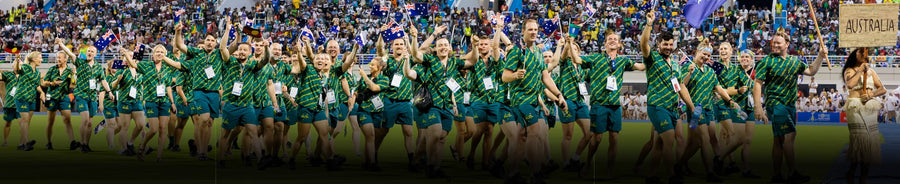 Custom Hawaiian Shirts Australia Corporate Uniforms Aussie Olympics Committee Sports Team Green Gold Mobile