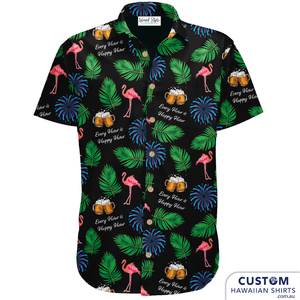 This family wanted some custom Hawaiian shirts for a New Years Eve Cruise. The specs were a black base, with palm leaves, flamingos, beer and fireworks. These personalised shirts came out so well. Let us know if you would like some for your family or group cruising.