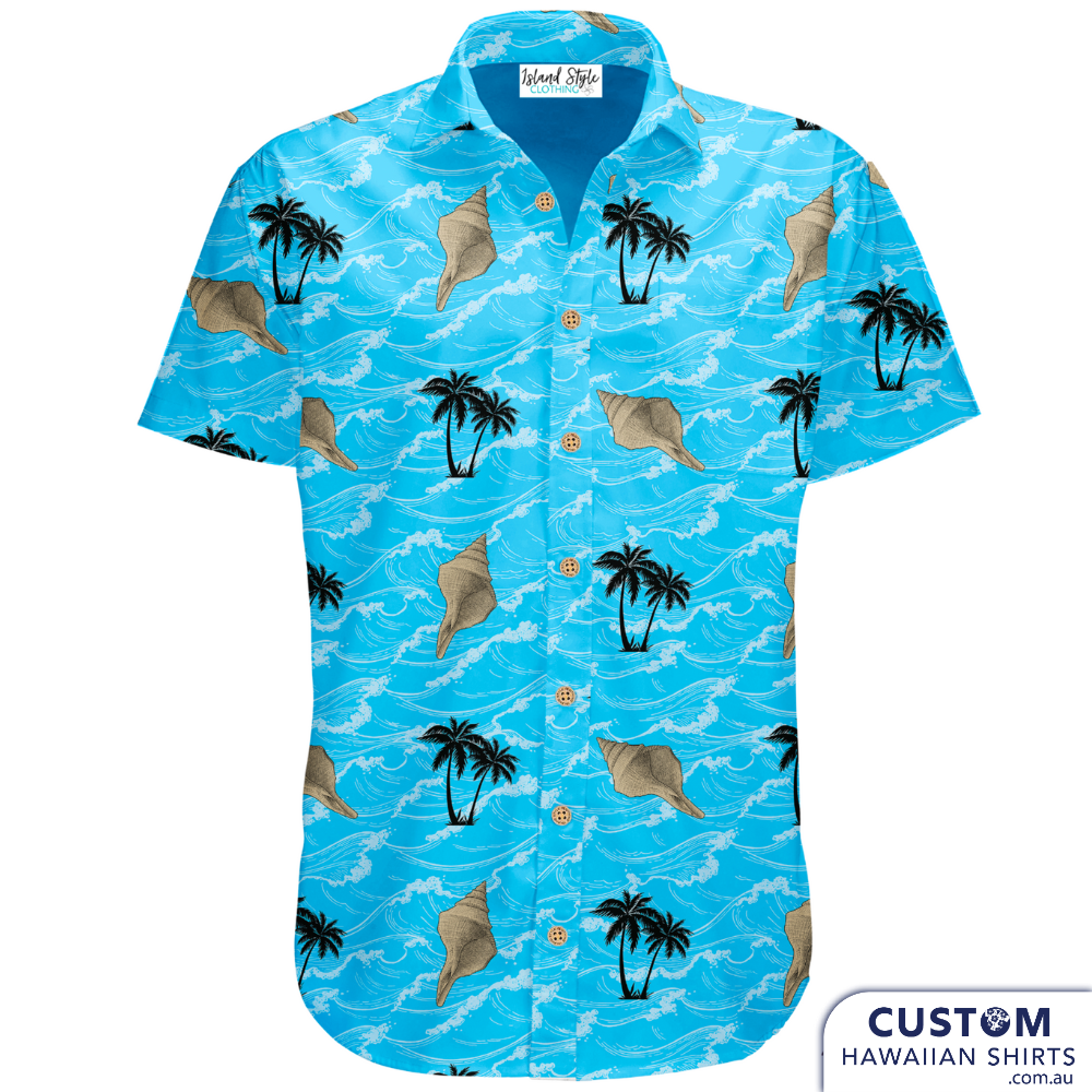 A second order for this family in Cairns, Far North Queensland. Friends and family wore these custom-designed Hawaiian shirts and at their wedding celebrations. They wanted a blue ocean background with flowers, palms and large shells.  Let us design some personalised shirts for your special event.   100% Cotton Embossed Coconut Buttons Free design - Sunshine Coast, QLD.