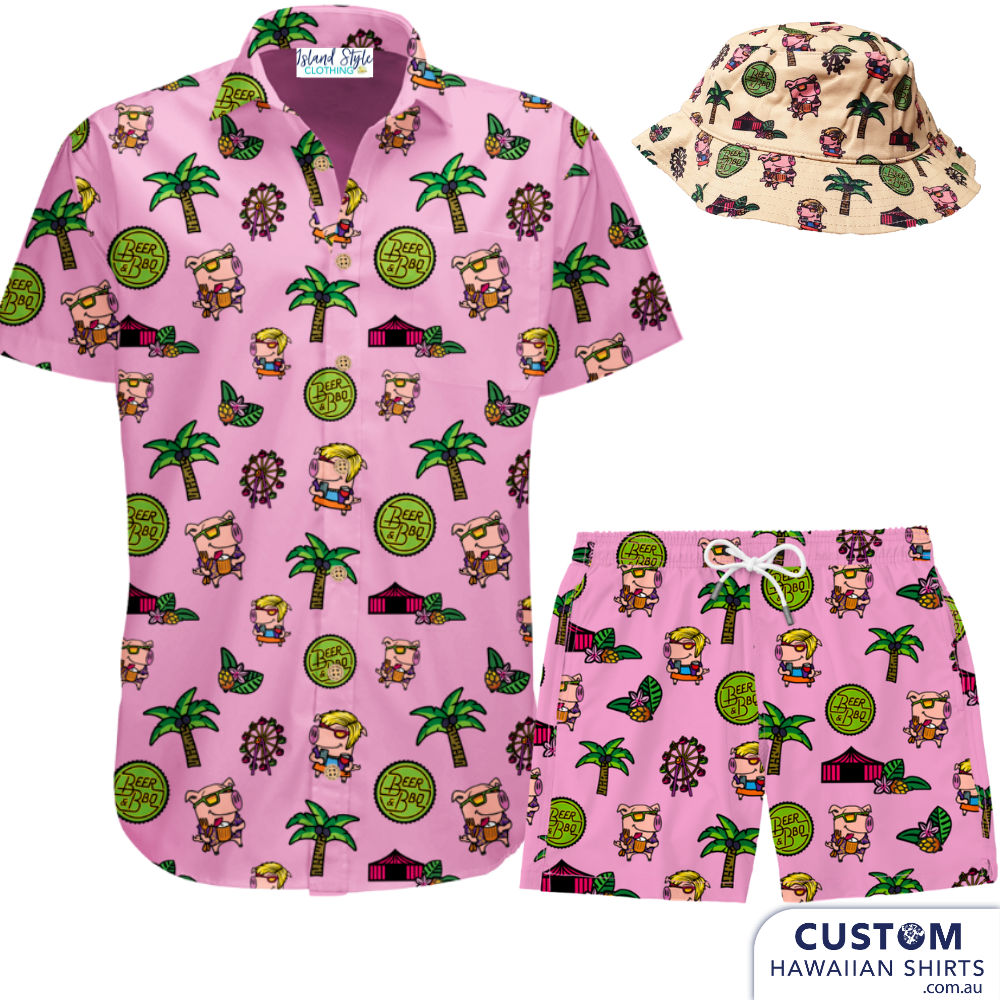 Beer & BBQ Festival loving their Custom Hawaiian Shirt & Shorts sets and topped them off with matching Hawaiian Shirts and Shorts. Wicked festival merch. Hawaiian Shirts Matching Shorts