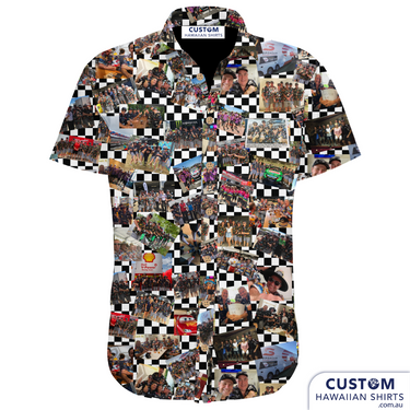 This group of mates attend Supercar racing events and last year were in Melbourne for the big Race. This is the matching personalised shirts they ordered. 3 versions.  100% rayon Open classic collar Coconut shell buttons