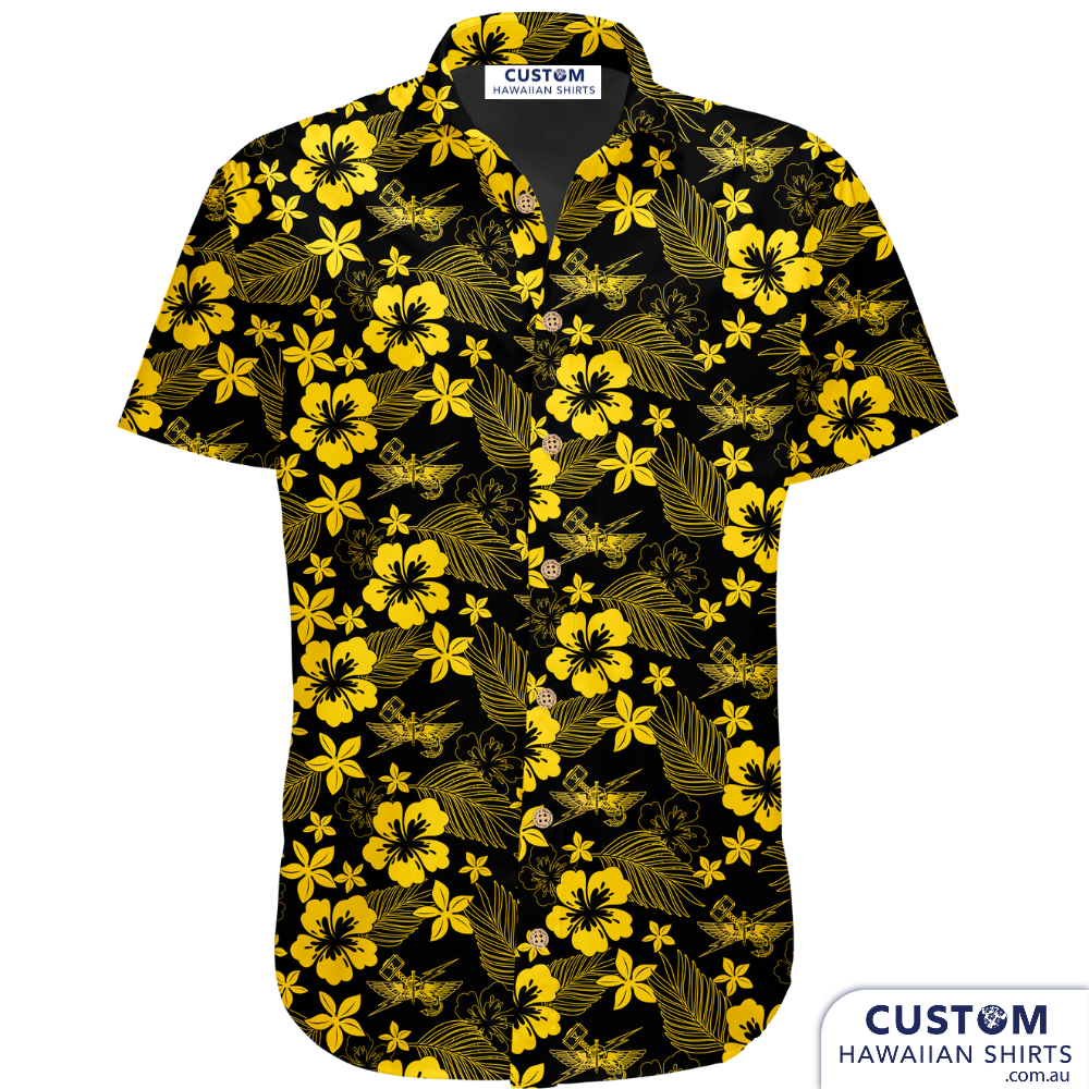 5th Anglico, Marines - USA - Custom Military Hawaiian Shirts. Their second edit with a fresh new design. Florals with a black base featuring their insignia. What a ripper!  Off Duty Essentials 100% Cotton Hawaiian Shirts 