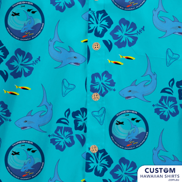 We love these new shirts we designed and supplied for Thresher Advanced Domain Awareness in the United States. Great colours and design here, a blue&nbsp;base with their logo, minimal flowers and sharks. Epic!