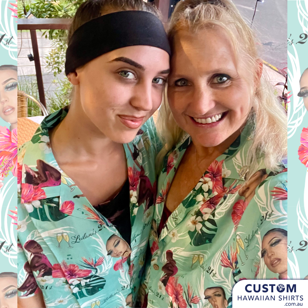 These cool custom face 21st birthday custom hawaiian shirts were designed as a surprise for Lelani,  beautiful birthday girl. The shirts were ordered in advance and photos of her friends and family wearing them text to her for her birthday. 21st, Milestone birthday, bucks parties or any event.