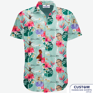 These cool custom face 21st birthday custom hawaiian shirts were designed as a surprise for Lelani,  beautiful birthday girl. The shirts were ordered in advance and photos of her friends and family wearing them text to her for her birthday. 21st, Milestone birthday, bucks parties or any event. 