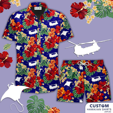 Chook Checkers' RSAF MLSS - Off-Duty Shirts & Shorts and kids shirts. They wanted a vintage Hawaiian print with stingrays and Chinooks.