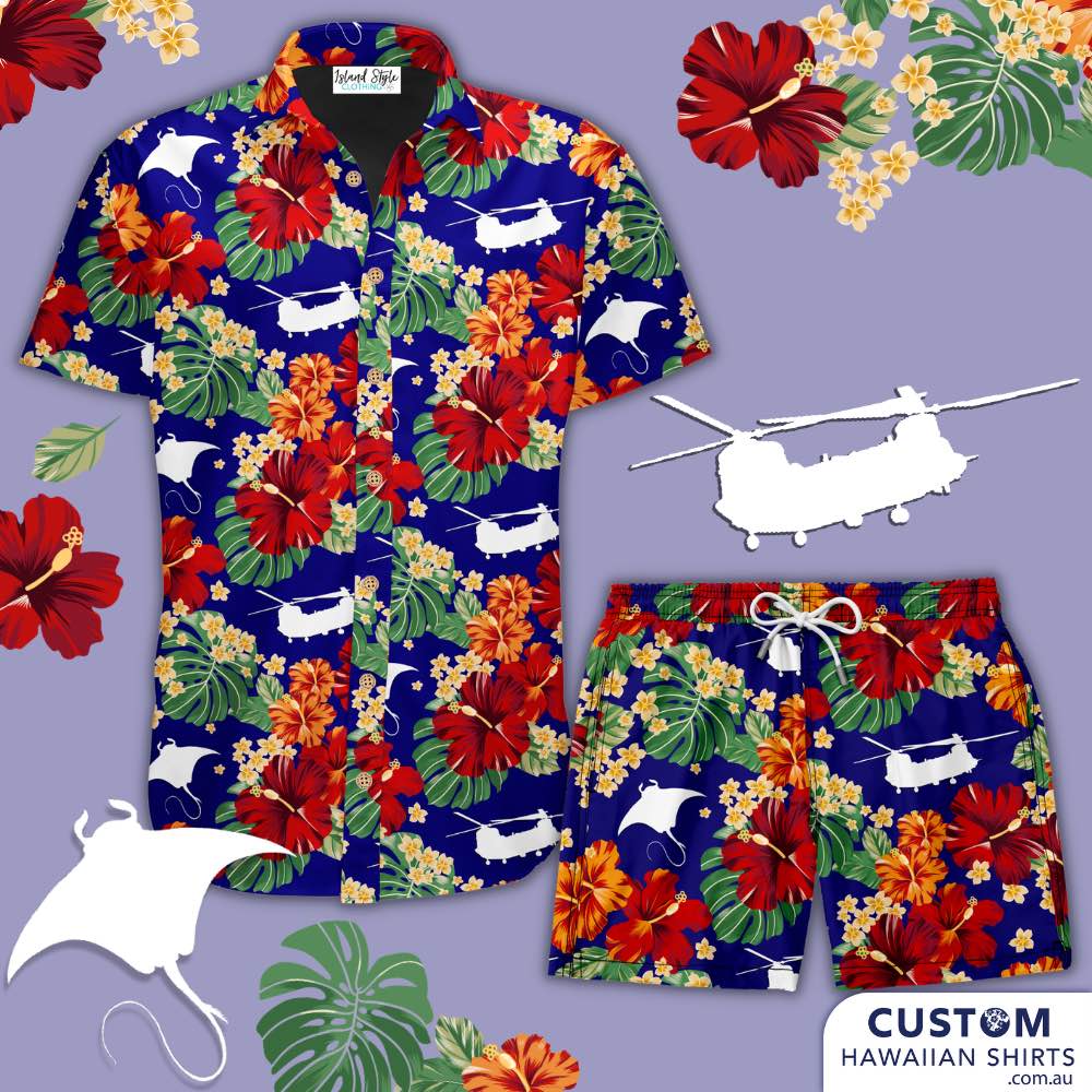 Chook Checkers' RSAF MLSS - Off-Duty Shirts & Shorts and kids shirts. They wanted a vintage Hawaiian print with stingrays and Chinooks.