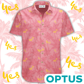 Optus said YES to some exciting new Customized Clothing from us and we put this together this great design with layers of leaves and their logo. It was a such a hit at the conference we have since made three other versions for other stores and the original store in Brisbane.  Hawaiian Shirts 100% Cotton Coconut buttons