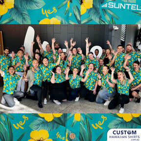 Optus said YES to another exciting new Customized Clothing from us and we put this together this great design with layers of leaves and their logo. It was a such a hit at the conference we have since made three other versions for other stores and the original store in Brisbane.  Hawaiian Shirts 100% Cotton Coconut buttons