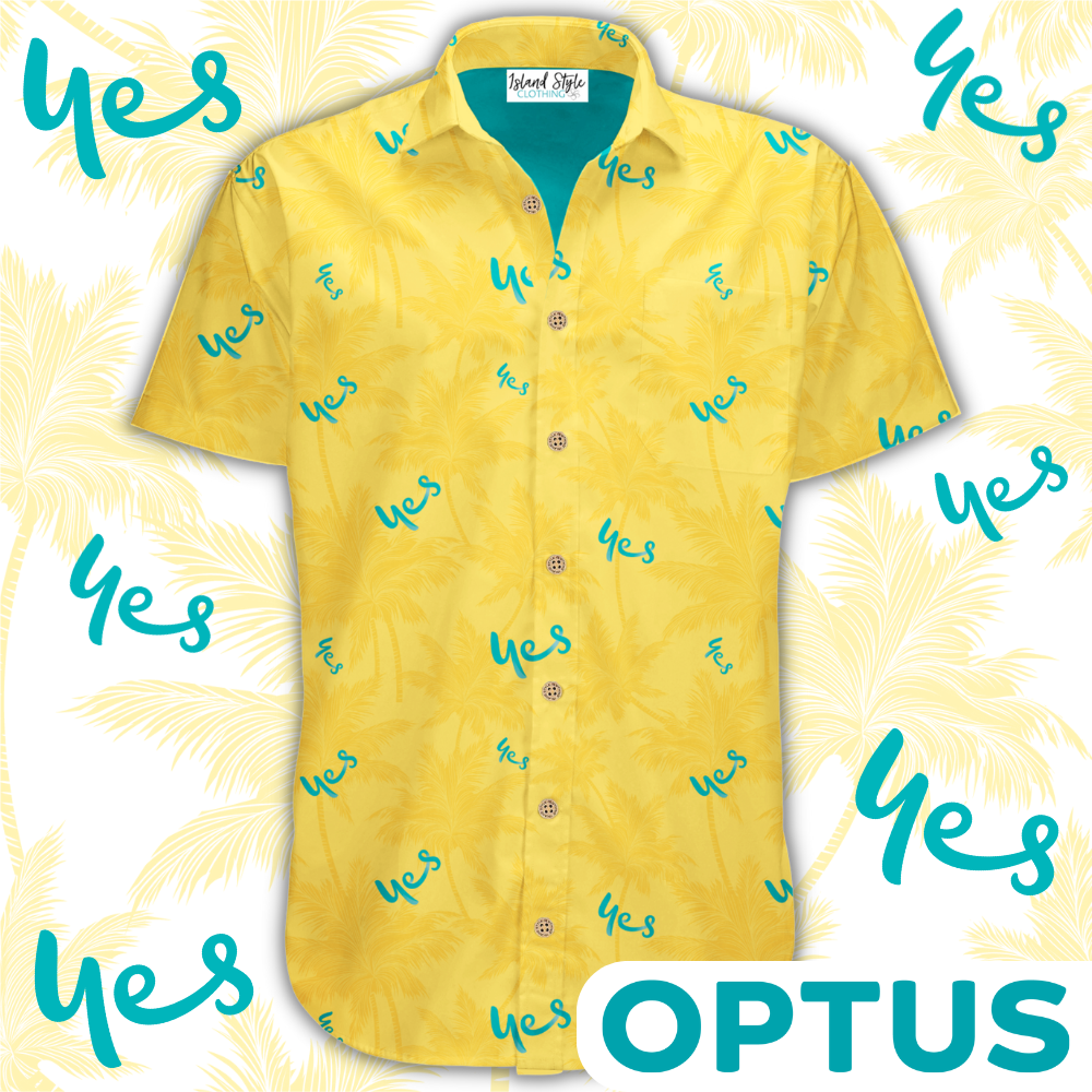 Optus said YES to some exciting new customized uniforms and we put this together this great design with layers of leaves and their logo. It was a such a hit at the conference we have since made a few other versions for other stores and the original store in Brisbane.  Hawaiian Shirts 100% Cotton Coconut buttons
