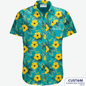 Optus said YES to another exciting new Customized Clothing from us and we put this together this great design with layers of leaves and their logo. It was a such a hit at the conference we have since made three other versions for other stores and the original store in Brisbane.  Hawaiian Shirts 100% Cotton Coconut buttons