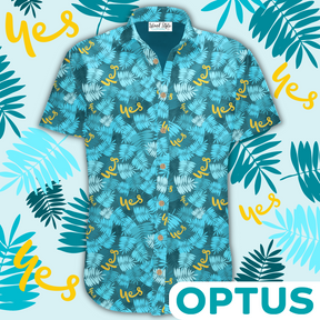 Optus said YES to some exciting new Customized Clothing from us and we put this together this great design with layers of leaves and their logo. It was a such a hit at the conference we have since made three other versions for other stores and the original store in Brisbane.  100% Cotton Coconut buttons