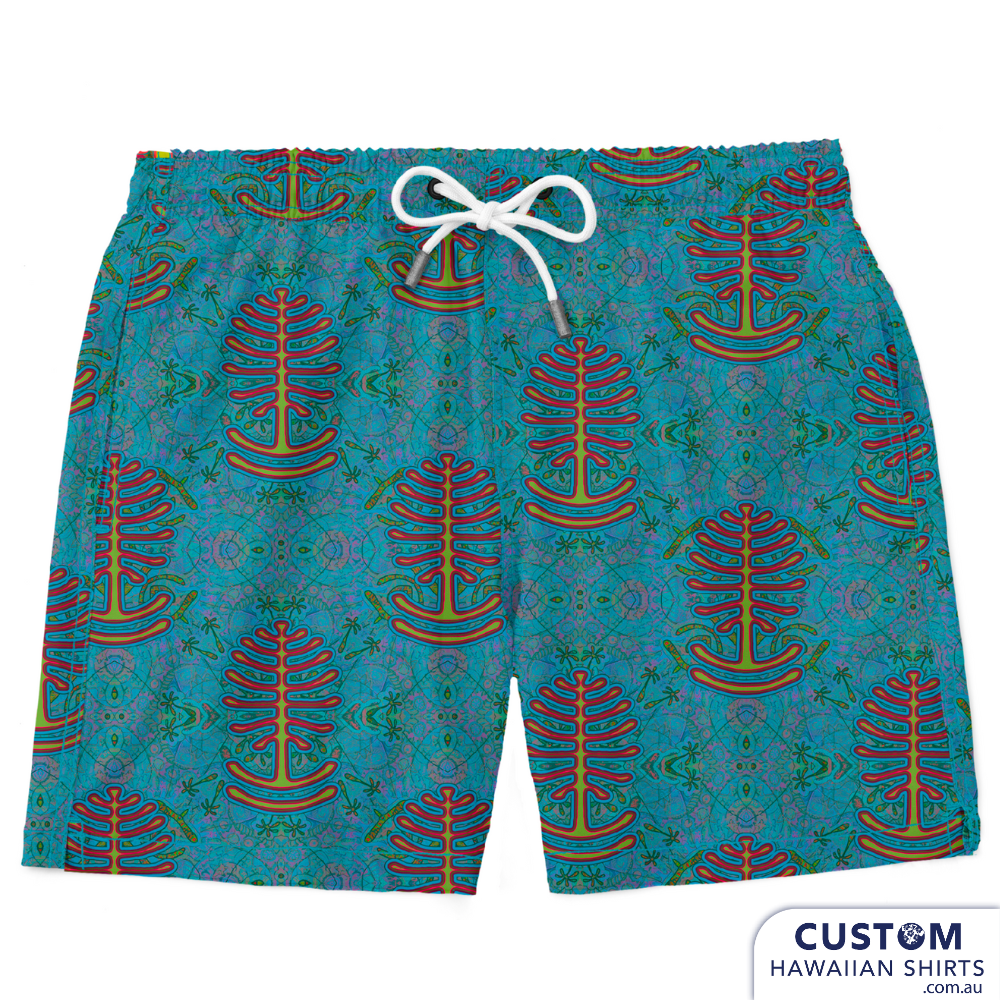We were happy to make 3 different mens swim shorts for one of our local festivals. We are based on the Sunshine Coast, QLD and Woodford has been a favourite of ours to visit for many years.   These were available for sale in their merch tent.  Custom Swim Shorts A soft 4-way stretch poly/lycra blend