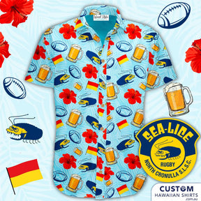 North Cronulla Beach Rugby Club - Surf Club Shirts, NSW customised team apparel. Soft touch rayon Coconut embossed buttons Adults Hawaiian shirts