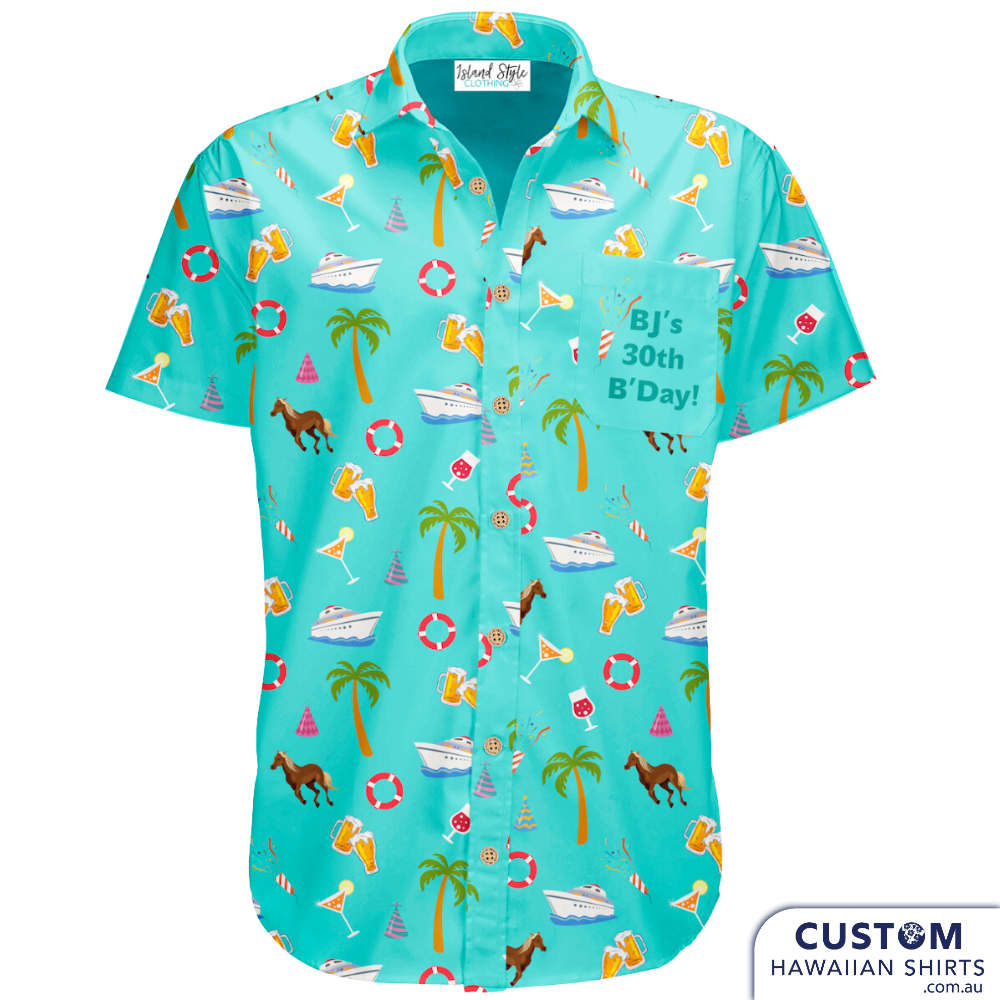 BJ's 30th Birthday - Custom Hawaiian Face Shirts. Fun and festive destination shirts with your loved ones face on it. Perfect shirts for parties, cruising and special milestone birthdays and anniversaries.  100% Soft Rayon Open Collar Top Pocket Coconut Buttons
