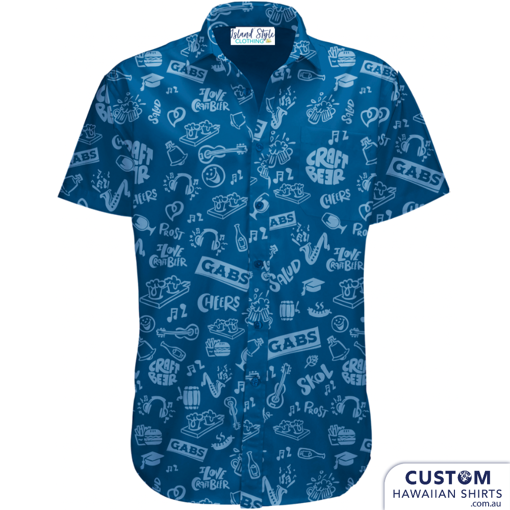 Gabs Fest this year wanted some custom shirts for merch and uniforms and they sent in this cool design. Easy as!  They wear as bar staff uniforms and also sell as merch to their loyal customers. Walking Billboards.  Custom Hawaiian Shirts Soft touch rayon Coconut embossed buttons