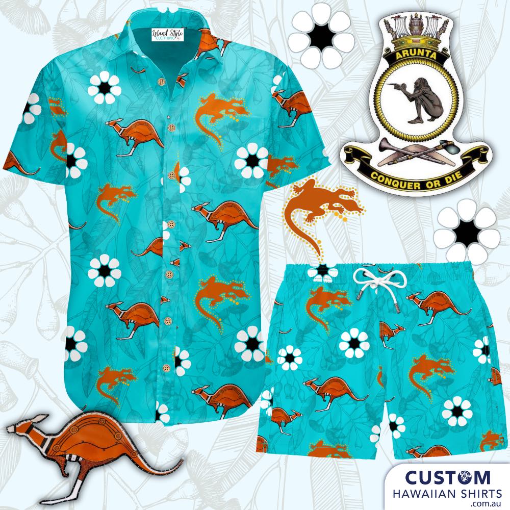 HMAS Arunta, NT, Navy - ADF - Hawaiian shirts, Shorts & Bucket Hats Off Duty Essentials Featuring kangaroos, crocodilles and the Sturt's Desert Rose - emblem of Northern Territory also features on their flag. 100% Cotton Shirts & Shorts Sets in blue - we also did a yellow version with matching bucket hats.
