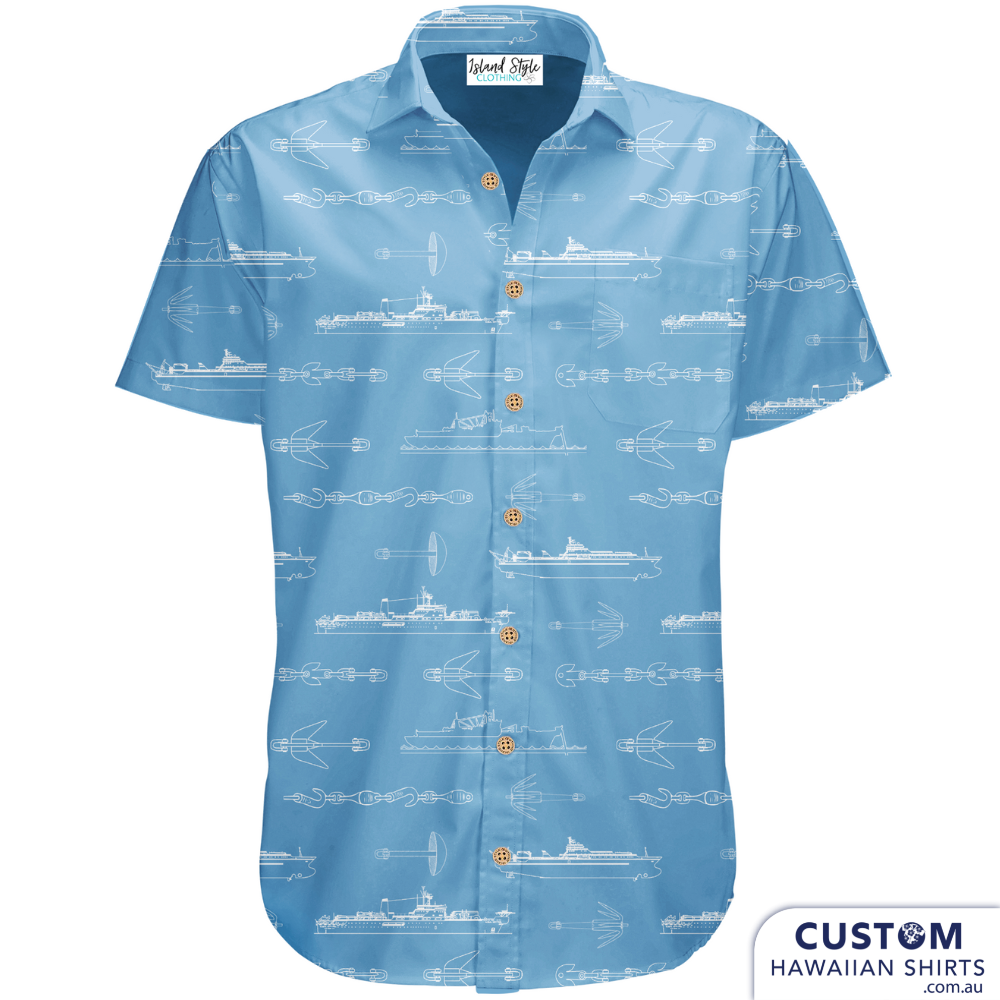 We designed and supplied these custom hawaiian shirt uniforms to 'Merchant Mariners' in Taiwan. Yes we ship worldwide. Their first order was blue and this order was red.