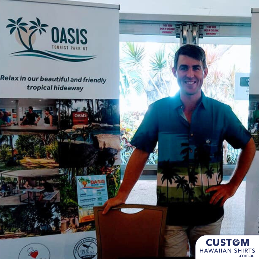 We supplied Oasis Tourist Park, NT with some really sharp new tropical themed uniforms. These shirts were customised for a tropical park with a graduated background showing a lovely sunrise and palm trees in the foreground.&nbsp;