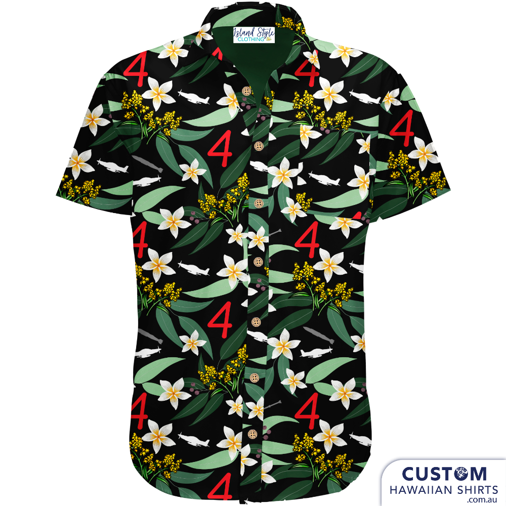 Squadron 4 RAAF - Custom Military Shirts. This is a super stylish and uniquely Aussie design. Featuring jets, frangipanis, gum leaves and flowers with a black base.  Cotton Hawaiian Shirts Embossed coconut buttons