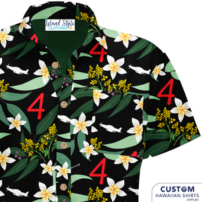 Squadron 4 RAAF - Custom Military Shirts. This is a super stylish and uniquely Aussie design. Featuring jets, frangipanis, gum leaves and flowers with a black base.  Cotton Hawaiian Shirts Embossed coconut buttons