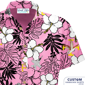 Proud to design and supply some custom shirts to Australian Military. 1 SQD RAA, QLD, ADT - Customised Hawaiian Shirts 100% Cotton Coconut embossed buttons New Pink edit (they had a yellow version first). Pink was made for family waiting at home. 