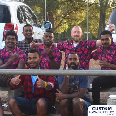 Snazzy new team uniforms Barossa Rams Rugby Club, SA. They wanted a floral design with their logo sprinkled throughout. We designed and made for them reversible Custom Bucket Hats to match Hawaiian Shirts.   Hawaiian Shirts 100% Cotton  Bucket Hats - Double sided - Floral print one side - plain the reverse