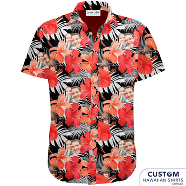 The Bride and Groom plus all their friends rocked this custom-designed Hawaiian shirts at their wedding after-party. What a fun wedding favour gift!  Let us design one for your special someone's Milestone birthday, bucks parties or any event. Bride & Groom Wedding - Personalised After Party Shirts