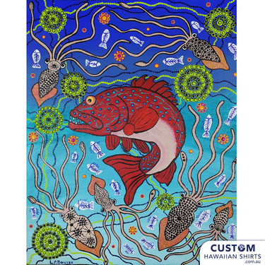 Customised Shirts made for Kuku Bulkaway Indigenous Art Gallery, Cooktown, FNQ. They paint stories they were taught as children about the local bush, food and animals.  They supplied photos of their hand-painted art (original paintings you can view in our photo gallery). From there our clever design team created a seamless pattern and we turned them into wearable art on shirts and shorts. Deadly style! Main feature is Coral Trout