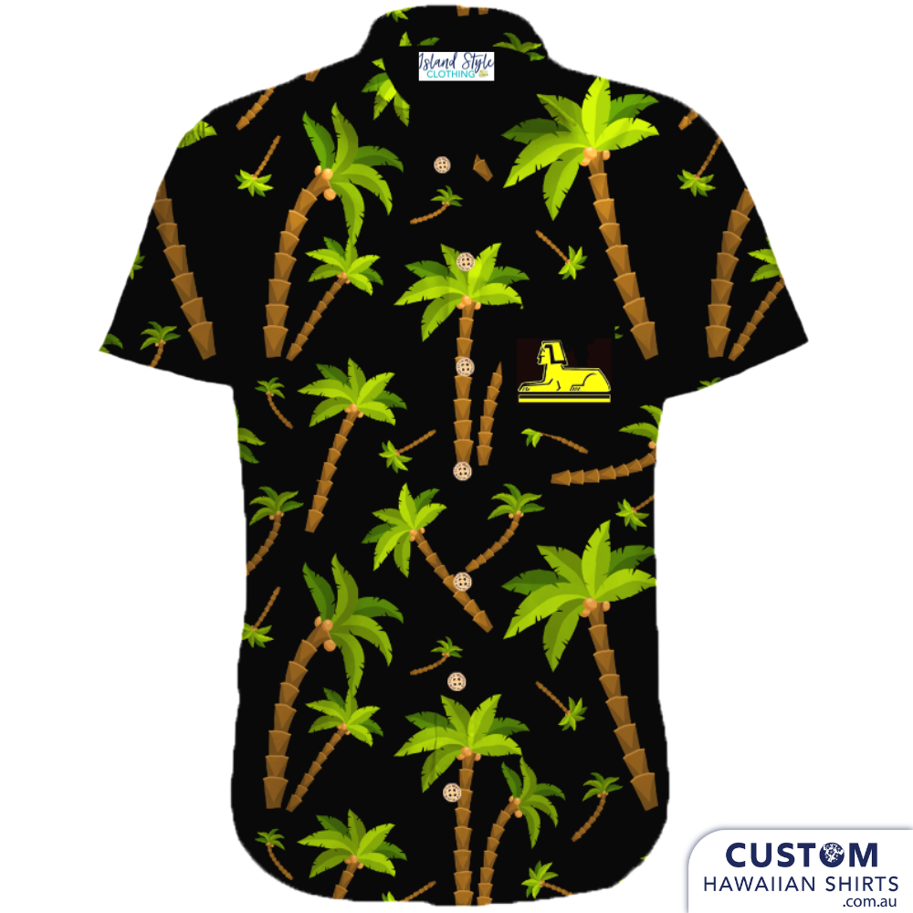 Proud to supply some custom team uniforms to Australian Military. 103 Battery Sub Unit RAA, Australian Defence Force. We really like this stylish shirt with a black base, logo on chest pocket and simply covered in palms. Very tropical vibes on this off-duty outfit.  Free quotes and design. We are based on the Sunshine Coast, Queensland. Mens Custom Hawaiian Military Shirts 100% Cotton Coconut buttons