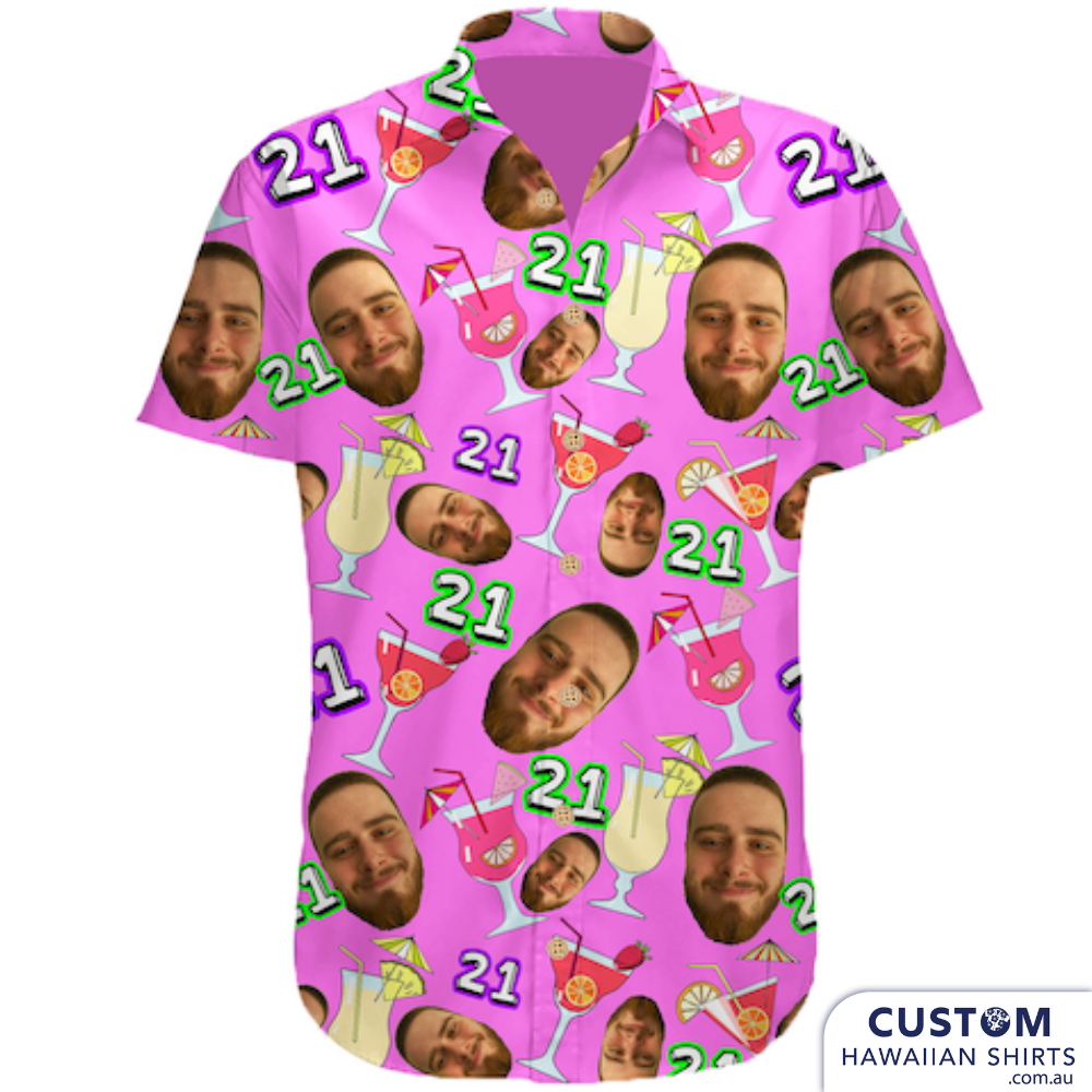 These cool custom face shirts were designed as a surprise for the birthday boy. He arrived at the party to see everyone dressed matching in shirts with his face all over it. 21st, Milestone birthday, bucks parties or any event. 