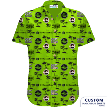 City Discount Tyres, WA - Race Team Custom Shirts. Class personalised Hawaiian shirts for the race team and support crew.  100% Cotton Adults & Kids Shirts 