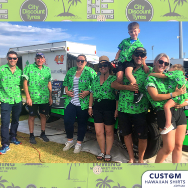 City Discount Tyres, WA - Race Team Custom Shirts. Class personalised Hawaiian shirts for the race team and support crew.  100% Cotton Adults & Kids Shirts 