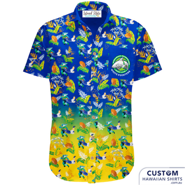 Avoca Beach Golden Oldies Rugby Club new customised Hawaiian shirt uniforms.. Two versions for this club.  Hawaiian Shirts Logo on chest pocket