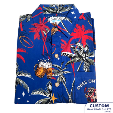 The Demons are heading north to Nyah Footy Trip, Darwin - 'Dee's on Tour' for their end of year footy trip. They wanted some unique customised Hawaiian shirt uniforms with lots of beers in red and blue and their logo sprinkled throughout. We added some green and red palms for a tropical vibe and their tour logo on the chest pocket. This team is really going to stand out in the tropics in matching clothing.  Hawaiian Shirts 100% Cotton  Coconut embossed buttons