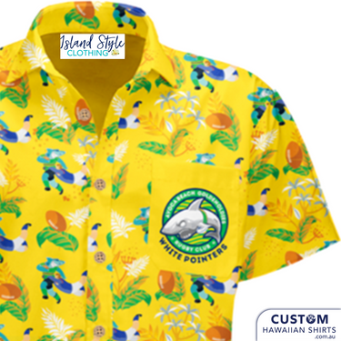 Avoca Beach Golden Oldies Rugby Club. Two versions for this club of this unusual and stylish Hawaiian shirts.  Hawaiian Shirts Logo on chest pocket