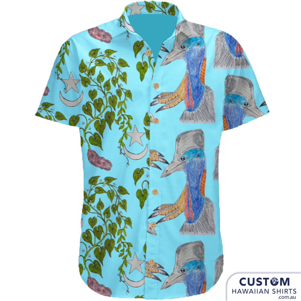 Customised Shirts made for a client in Far North Queensland for her son's shaving ceremony. She hand-drew all the elements and we put them together on 3 different shirts. Deadly style! Features wild yams and cassowary 100% Rayon Hawaiian Shirts 