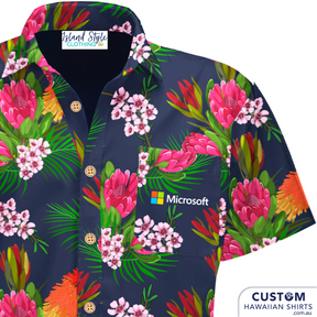 Microsoft wanted some new personalised shirts and our design team put together this great floral design with some Aussie botanicals and their logo on the pocket.  100% Cotton Coconut buttons