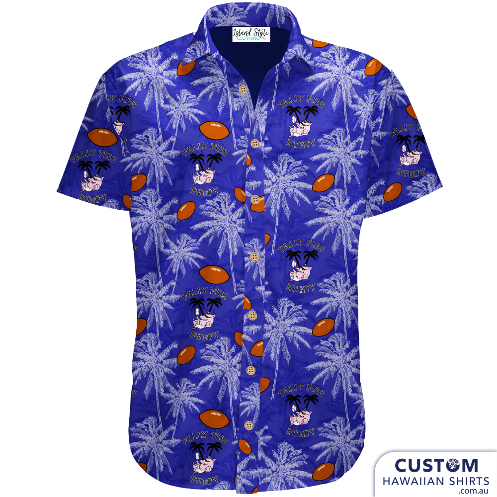 Pally Pigs Golden Oldies Rugby, Western Australia ordered new customized Hawaiian shirt uniforms.  Hawaiian Shirts Open classic collar Embossed coconut buttons Soft touch rayon