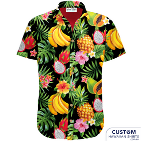 Surfers Paradise Beer Garden - Hospitality Uniforms are a super fruity print. Large graphic pineapples, bananas and more. When you are visiting the GC - Australia's party capital be sure to pop in there for a cold bevvy.  100% Cotton Coconut embossed buttons