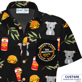 Mount Helena Tavern wanted some funky new hospitality uniforms in a modern Aussie look with Bush Chook beer cans, a dog, burgers and gum leaves.