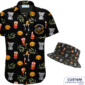 Mount Helena Tavern wanted some funky new hospitality uniforms in a modern Aussie look with Bush Chook beer cans, a dog, burgers and gum leaves.   A colourful addition to their merch line and staff uniforms and matching pet bandanas.