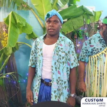 Customised Shirts made for a client in Daucan Island, Torres Strait Far North Queensland for her son's shaving ceremony. She hand-drew all the elements and we put them together on 3 different shirts. Deadly style! Main feature is wild yams 100% Rayon Hawaiian Shirts 