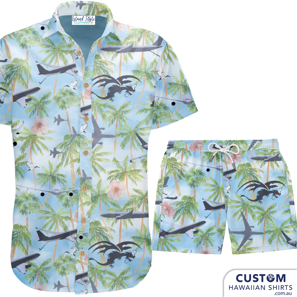 Proud to supply some custom team uniforms to 33 SQD, RAAF Base Amberley, QLD - Custom Aussie Military Shirts & Shorts. Cool design on this one with a sky blue Sky base, with palm trees pattern. Overlay of Planes, flowers, ibis birds and dragon graphics across pattern.  100% Cotton Coconut buttons