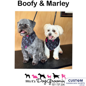 These cool custom pet Bandanas were made to match the Custom Hawaiian Shirts & Kaftan as Uniforms for Mrs K's Grooming in Tokoroa, New Zealand.  The design is their logo and to make it obviously 'Kiwi' we added in a NZ Pohutukawa flower, also known as NZ Christmas tree.