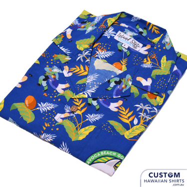 Avoca Beach Golden Oldies Rugby Club new customised Hawaiian shirt uniforms.. Two versions for this club.  Hawaiian Shirts Logo on chest pocket