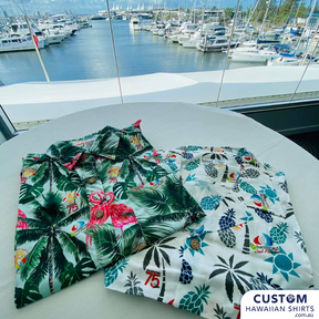 Southport Yacht Club customized shirts celebrating their 75th Anniversary for staff, management uniforms and merch for sale for local patrons.  Soft Touch Rayon Open classic collar 1 x chest pocket Coconut shell buttons